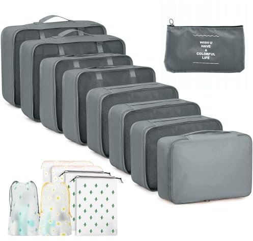 GIBOHOM Koffer Organizer Set, 15 Stück Packing Cubes, Wasserdichte Kleidertaschen für Urlaub und Reisen, Travel Organizer, Reiseorganizer Mit Packtaschen Transparentem, Grau
