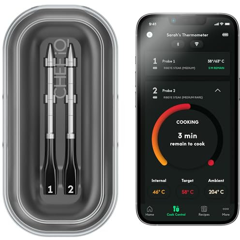 CHEF iQ Sense Smart Wireless Meat Thermometer with 2 Ultra-Thin Probes, Unlimited Range Bluetooth Meat Thermometer, Digital Food Thermometer for Remote Monitoring of BBQ, Grill, Oven