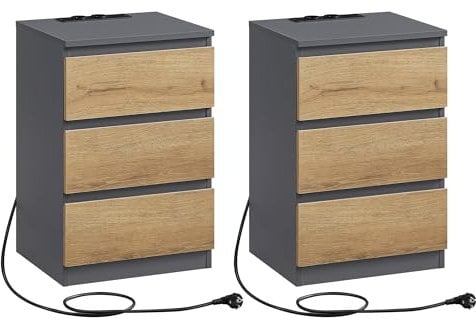 VASAGLE Kailyn Collection - Nachttisch mit Steckdosenleiste, 2er Set, Beistelltisch, 3 Schubladen, 2 AC-Steckdosen, 2 USB-A-Anschlüsse, modern, schiefergrau-naturbraun LET831G01