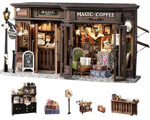 Fsolis DIY Puppenhaus aus Holz, Maßstab 1:24, Puppenhaus-Miniatur mit Möbeln und Staubschutz, handgefertigtes Handwerk, Miniatur-Puppenhaus-Set für Teenager und Erwachsene (Vintage Coffee Shop)
