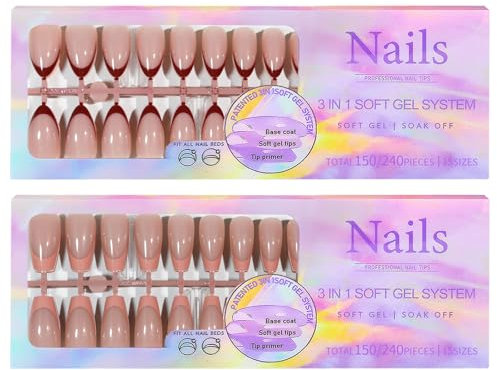 BeauFairy Francesa Puntas de Uñas Postizas, 300 Piezas Uña Falsa Artificial de Acrílico Puntas, Soft Gel Puntas de Uñas, para Extensiones de Uñas, Nail Tips Cobertura Total para Manicuras DIY, 026