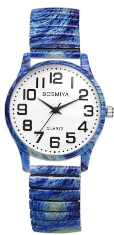 JewelryWe Damenuhr Boho Elastische Uhren: Bohemian Hippie Stil Van Gogh Sternenhimmel Sternennacht Analog Quarz Armbanduhr Damen Edelstahl Stretch Armband Lässige Uhr mit Zugarmband & großen Zahlen