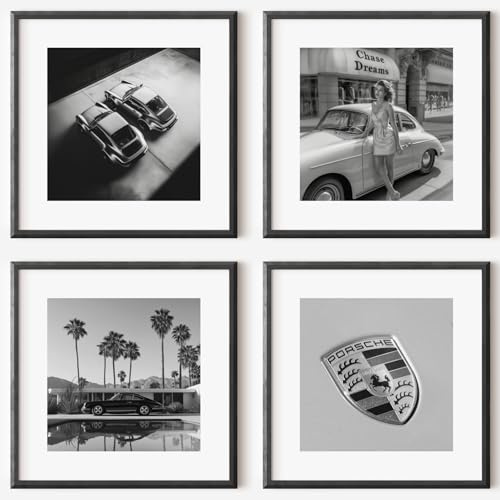 MJ-GRAPHICS® Quadratisch Porsche Schwarz-Weiß Poster Set Porsche Oldtimer Auto Bild Kunstdruck Wohnzimmer Wandbild Vintage Retro Deko Geschenk für Porsche Fans – 40x40 cm Ohne Rahmen