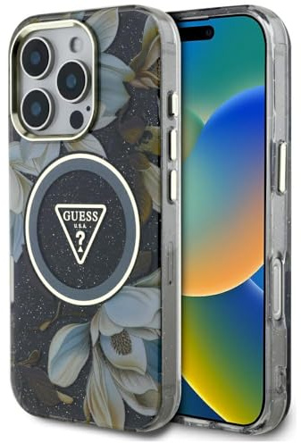 CG MOBILE Guess Glitter Flowers Triangle Buttons Hülle für iPhone 16 Pro kompatibel mit MagSafe (Schwarz)