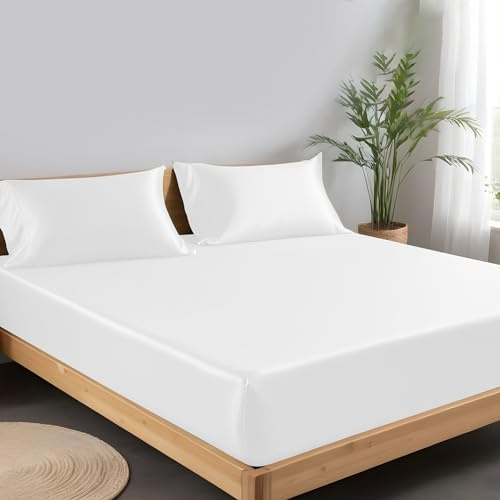 LINENWALAS Spannbettlaken aus 100% Tencel Lyocell 140 x 200 cm, Weiches, Kühlendes Seiden Bettlaken mit bis zu 40 cm Tiefen Taschen, Anti Allergische Eukalyptus Bettwäsche (140x200 cm, Weiß)