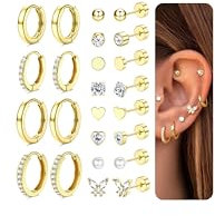 Finrezio 12 Paar Ohrringe Gold Set für Damen: Chirurgenstahl Medizinische Ohrstecker 14 Karat Vergoldet - Creolen, Huggie, Zirkonia, 10 mm, 24 Stück