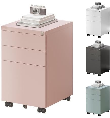 FLEXISPOT Rollcontainer kleiner Schrank mit 3 Schubladen, mobiler Aktenschrank mit Rollen, abschließbarer Büroschrank für Büro & Homeoffice, Anti-Kipp, 44 x 37 x 60 cm, Rosa