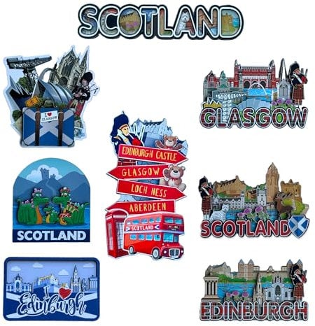 LILAJ Scotland Fridge Magnets Set of 6 - Edinburgh Castle, Saltire Flag, Thistle, Nessie, Bag piper & Westie Dog - Scottish Souvenir Gift
