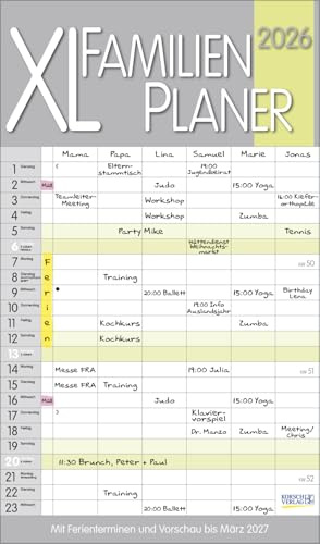 XL Familien Planer Pastell - Familienplaner 2026 für 6 Personen - Korsch-Verlag - Kalender mit 6 Spalten zum Eintragen - 27 cm x 46 cm