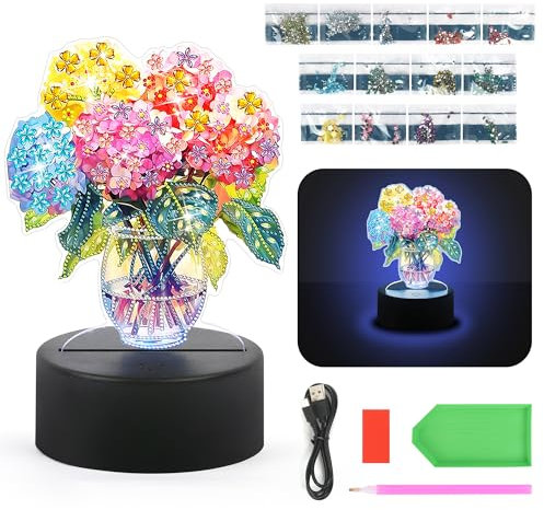 Iridsmole Flowers Night Light, Diamond Painting LED Light, Touch-Control Night Lamp, 5D Diamond Art Kits for Adults, Crafts Gifts for Girl Women, 7 Colour, AA Batteries/USB