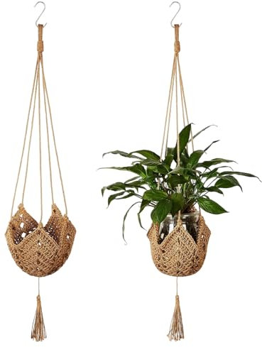 ESSECMBS 2PCS Hanging Hemp Rope String Bags for Planter Rustic Woven Hanging Net Bag for Flower Pot Home Yard & Garden Decorations (Dark Khaki, 100cm*29cm)