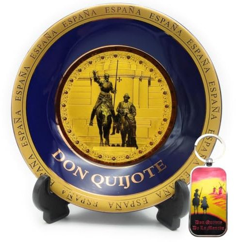 Plato Decorativo España Don Quijote + Llavero Recuerdo de La Mancha – Incluye Soporte y Gancho para Colgar – Souvenir Cultural Ideal para Amantes de Cervantes, Viajeros y Coleccionistas (Don Quijote)