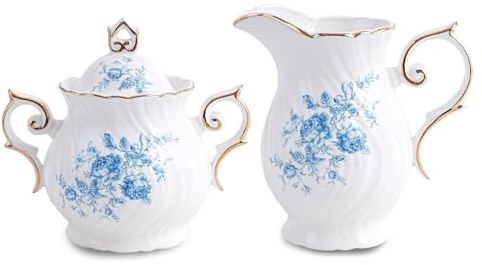 Agyiuns Sugar and Creamer Set Ceramic, Creamer Pitcher and Sugar Bowl with Lid,Sugar Cube Dish Coffee or Tea (White with blue flower)