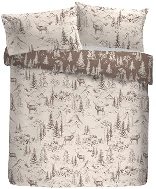 Dreams & Drapes Lodge Alpine Stag Duvet Cover Set, 100% Brushed Cotton, Single 140x200cm, Natural, Hand-Drawn Mountain Lodge Print, Orange