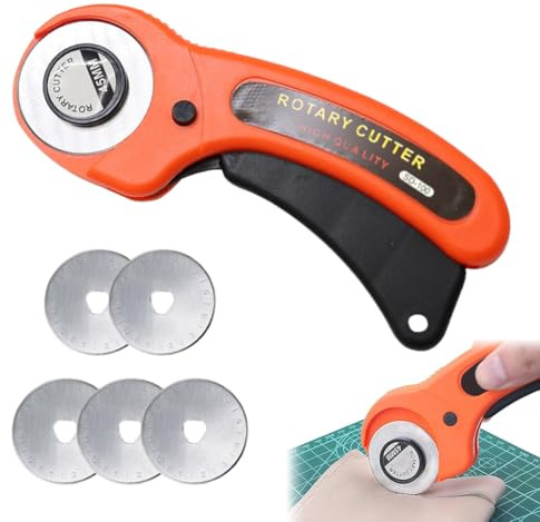 Rollschneider mit 5 Ersatzklingen, Stoffschneider Rollschneider, Mit Ergonomischem Griff Und Sicherheitsverschluss, Rundklingen Cutter für Abstepp, Stoff, Leder, Näharbeiten & Mehr, Basteln, 45 mm