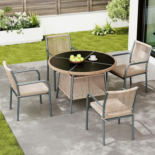 KOMHTOM Salon de Jardin Extérieur 4 Personnes, Ensemble Table Ronde en Verre Trempé et 4 Chaises avec Coussins, Structure Fer et Dossier Tressé, pour Patio, Terrasse,Balcon (Gris)