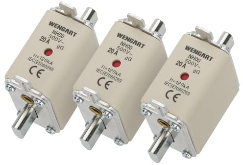 Wengart 3er Pack NH00 Sicherung 20A gG/gL,AC 500V Messersicherung mit High-Visibility Kombimelder,120kA Ausschaltvermögen,Versilberte Kontaktmesser,Ideal für Wallbox&PV, Baugröße NH00 (30mm)