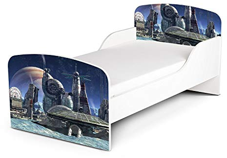 Leomark Funktionsbett aus Holz - Cosmico - Kinderbett mit Matratze, Holzbett mit Seitenschutz Lattenrost, Komplett Set für Kinderzimmer, Liegefläche 70/140 cm, UV-Druck