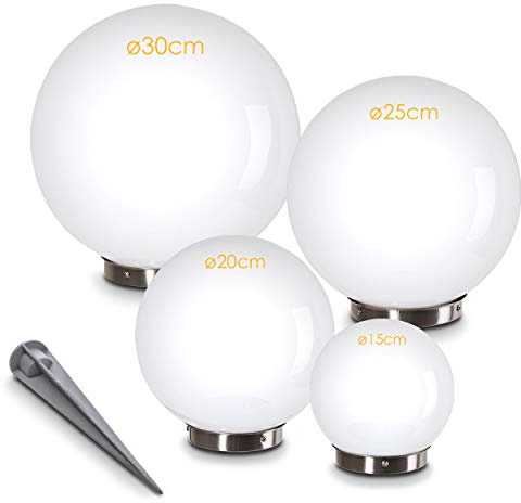 Solarleuchte Nassau, Kugellampe 4er Set, Kugelleuchten aus weißem Kunststoff, Ø 15, 20, 25 und 30 cm mit Erdspiess, Außenleuchten mit Ein/Aus-Schalter, Solarlampen mit Dämmerungsschalter