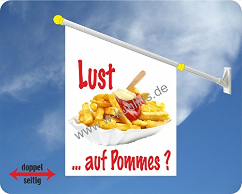 Werbeflagge, Werbefahne, Imbissflagge, Imbissfahne- Currywurst, Bratwurst, Pommes - Ideal für Imbiss, Grill, Restaurant oder Kirmes, versch. Varianten, weiß (Lust auf Pommes)