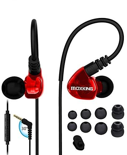 MOXKING Running Sports Earbud Headphones Wired Over Ear In Ear Headsets Noise Isolation wasserdichte Ohrstöpsel Enhanced Bass Stereo Kopfhörer mit Mikrofon und Fernbedienung für Running Gym (Rot)