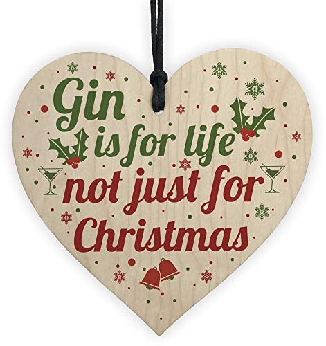 RED OCEAN Novelty Gin Gift Funny Christmas Tree Bauble Decoration Wooden Heart Secret Santa Gifts