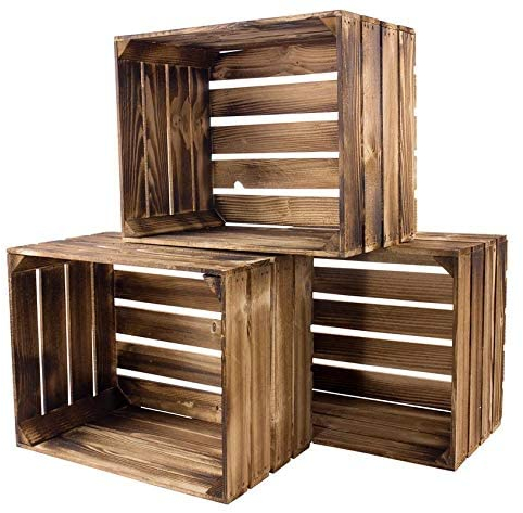 Obstkisten Online 3 Stück geflammte/braune Holzkiste mit Zwischenboden 50cm x 40cm x 30cm Regal Holzregal Wandregal Box Obstkiste Weinkiste