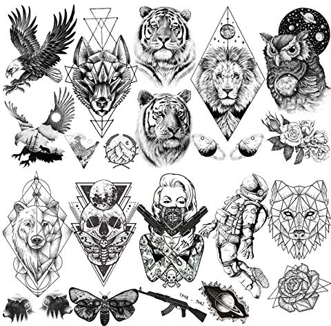 LAROI 10 Blätter Groß Löwe Tiger Tiere Temporäre Tattoos Männer Bär Eule Motte Frauen Arm Tod Schädel Wasserdicht Gefälschte Schwarz Tattooaufkleber Adler AK-Gewehr Totem Realistisch Maenner