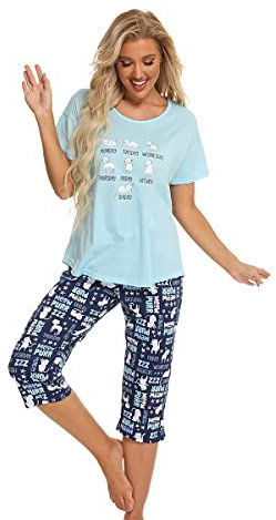 Pijama de Mujer Pijama de Dos Piezas camisón de Verano Traje de casa de Manga Corta Ropa de Dormir de algodón Ropa de Dormir Top y Pantalones para Mujer niña