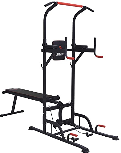 HOMCOM Multifunction Power Tower Home Workout Dip Station w/Sit-up Bench Push-up Bars and Tension Ropes Fitness Equipment Office Gym Training
