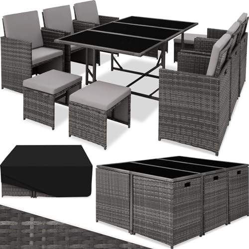 TecTake® Salon de Jardin Exterieur en Résine Tressée Poly Rotin Salon de Jardin Table 10 Personnes 6 Fauteuil en rotin 4 Tabouret Pouf Encastrable avec Housse de Protection, Entretien Facile