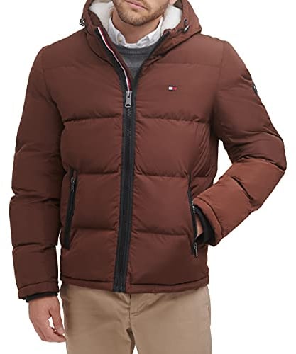 Tommy Hilfiger Men's Hooded Puffer Jacket, Brown Poly Tech, XL