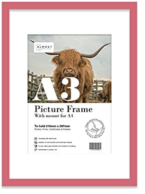 A3 Pink Picture Frame With White Mount for A4 (21 x 29.7cm -8.3 x 11.7in) Print, Photo, or Poster. Portrait and Horizontal Wall Hooks