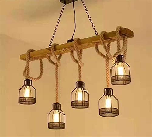 LAMPADARIO A SOSPENSIONE E27 IN LEGNO E CORDA CON PORTALAMPADA IN FERRO DESIGN VINTAGE, Salone,Soggiorno,Cucina