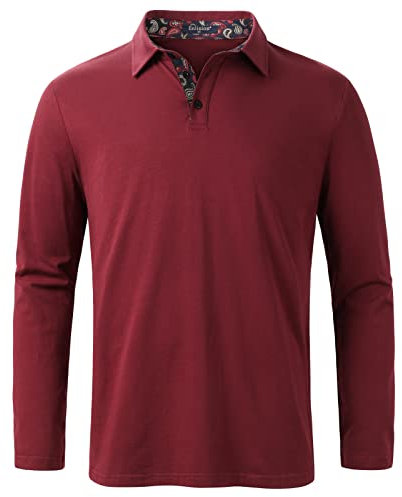 Enlision Mens Long Sleeve Polo Shirts Wine Red Polo Shirt Casual Golf t-Shirts Cotton Tops S