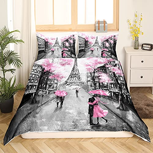 Tour Eiffel Bettwäsche, 140 x 200 cm, romantisch, Paris, Motiv: Bettwäsche, für Paare, Schlafzimmer, dekorativ, Paris Cityscape, bedruckt, Bettbezug, moderner Stil, Französisch, Rosa, Grau, 2 Stück