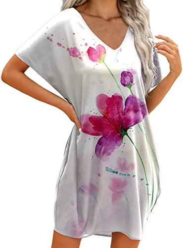 Mini Robe Décontractée Hawaïenne Été pour Femme - Robe Droite Manches Courtes - Longueur du Genou - Coupe Ample - Robe T-Shirt Grande Taille Col en V- Robe de Plage (03 Rose, XXL)