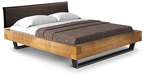 moebel-eins CURBY Balkenbett mit Polster-Kopfteil, Kufenfuß, Material Massivholz, 200 x 200 cm, Vintage, Kunstleder Braun