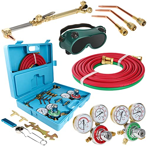 Sauerstoff-Acetylen-Fackel-Kit, Schneidbrenner und Schweißset, Sauerstoffgas-Schweiß-Schneid-Löt-Set, Gasschweißset, tragbarer Oxy-Acetylen-Fackel-Schweißer, mit Düsen, Regler, Schlauchmessgeräte,