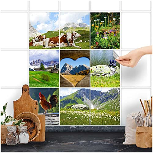 FoLIESEN Fliesenaufkleber für Bad, Küche, Badezimmer - Fliesen-Folie selbstklebend - Deko-Aufkleber - Alpenflair, .:20x25 cm - 9-tlg.
