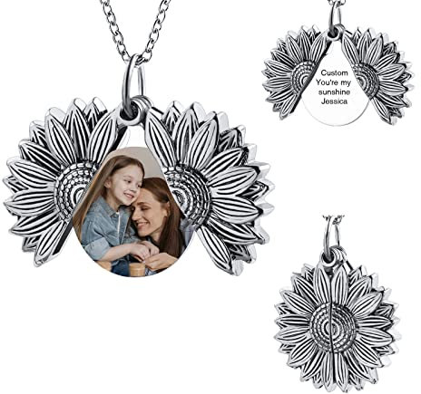 INBLUE Collana Donna con Medaglione con Foto Personalizzata Cuore Ciondolo Inciso Messaggio Lega in Acciaio Inossidabile Pendente Idee Regalo Donna per Mamma Fidanzata (Argento Girasole Ciondolo)