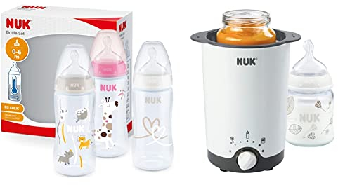 NUK First Choice+ Babyflasche im Set | 0–6 Monate | Temperature Control Anzeige | 300 ml | Anti-Colic-Ventil | BPA-frei | Silikon | 3 Stück | rosa Giraffe & Thermo 3 in 1 Flaschenwärmer, 1 Stück