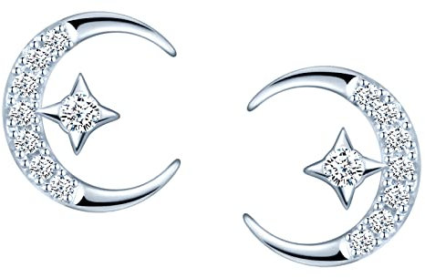 MICGIGI Donna Orecchini con stella e luna in argento 925 Orecchini a perno con zirconi