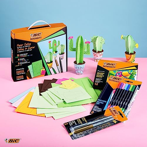 BIC Intensity Stifte Set Kaktus: Bastel Set inkl. 12 Filzstifte, 8 Fineliner, 2 Metallic Marker und 22 Bastel-Vorlagen zum Ausschneiden, Ideal als Geschenk