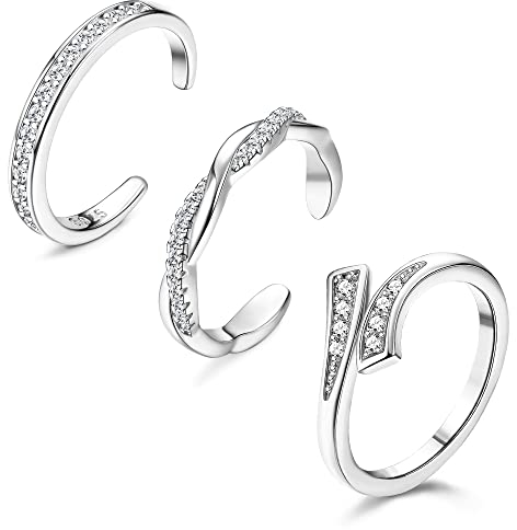 JeryWe 3Pcs 925 Sterling Silber Zehenringe Damen Offen Verstellbare Zehenring Set Cubic Zirkonia Blume Türkis Fußring und Midi Ring Hypoallergen Sommer Strand Barfuß Sandalen Fußschmuck Silber-c