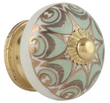 Rasiya Art Gold Wardrobe Knobs - Vintage Ceramic Pull Handles for Kitchen Cabinet-Cupboard-Drawer Home Furniture Hardware - Light Green Gold - Pack of 8