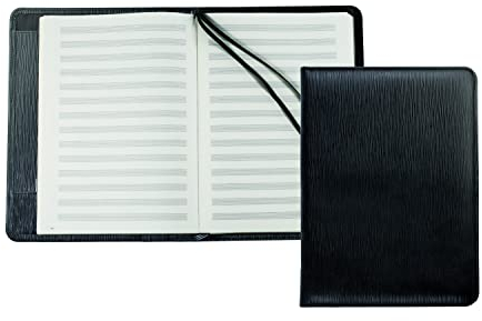 DELMON VARONE - Personalisierbares Notizbuch DIN A4 ideal als Planer, Organizer (nachfüllbar) gebunden Manhattan Leder Schwarz - Blanko Buch mit 14 Notensystemen je Seite liniert mit Einsteckfächer