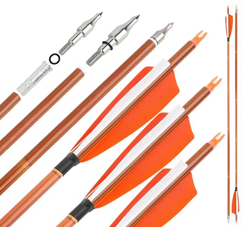 31 Zoll Carbonpfeil mit 4 Zoll Natürliche Feder 500 Jagdpfeile mit austauschbarer Pfeilspitze für Compound und Recurve-Bögen, 12/6 Stück (12 Stück, orange)