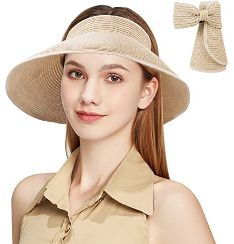 Aomig Chapeau de Paille Femme à Large Bord - Anti UV Réglable, Pliable Pour La Plage en Été
