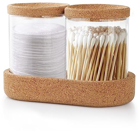 Anhow 2 Pezzi Porta Cotton Fioc, Vetro Porta Dischetti Struccanti con Vassoio per Bagno Cotone Fioc Struccanti Trucchi Organizer - Trasparente